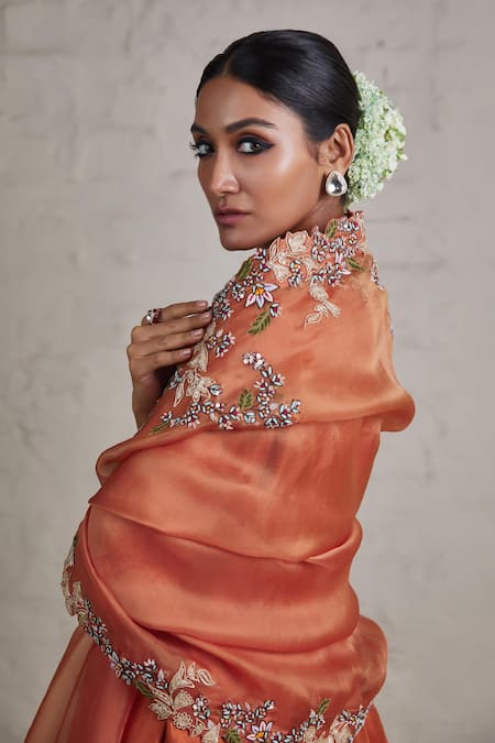 Shop Prisho Orange Silk, Organza Cut Work, Pearls, Embroidery Floral Kurta Sharara Set at Aza Fashions Shop_Prisho_Orange Silk, Organza Cut Work, Pearls, Embroidery Floral Kurta Sharara Set _at_Aza_Fashions