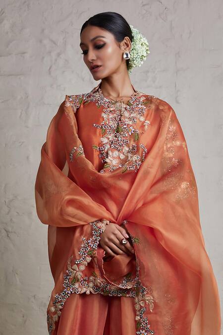 Prisho Orange Silk, Organza Cut Work, Pearls, Embroidery Floral Kurta Sharara Set Online at Aza Fashions Prisho_Orange Silk, Organza Cut Work, Pearls, Embroidery Floral Kurta Sharara Set _Online_at_Aza_Fashions