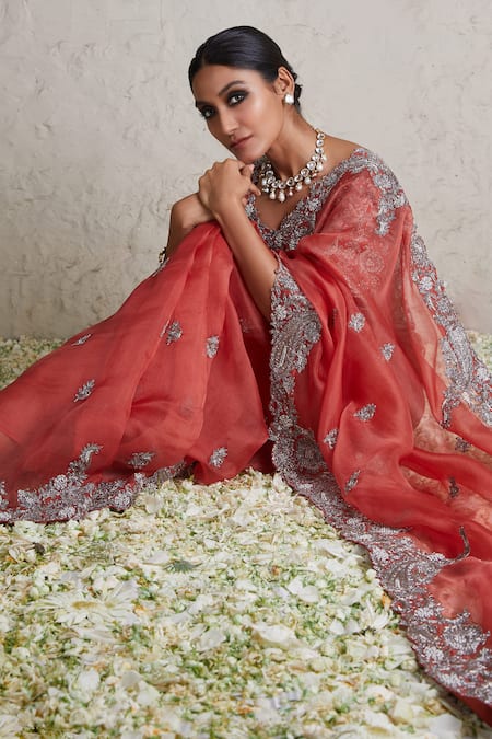 Prisho_Orange Silk, Organza Pearls, Zardozi Placement Embroidered Saree With Blouse _Online_at_Aza_Fashions