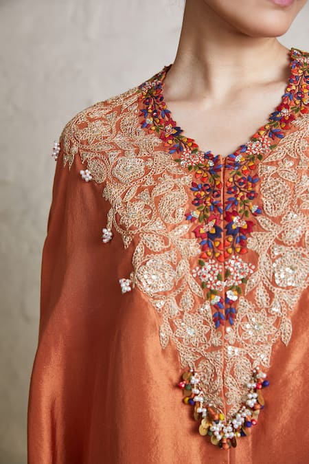 Shop Prisho Orange Silk, Crepe Diamonds, Embroidery Neckline Kaftan And Dhoti Skirt Set at Aza Fashions Shop_Prisho_Orange Silk, Crepe Diamonds, Embroidery Neckline Kaftan And Dhoti Skirt Set _at_Aza_Fashions
