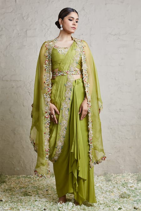 Prisho Green Blouse Silk Embroidered Dori Cape Open Floral Border Dhoti Skirt Set 