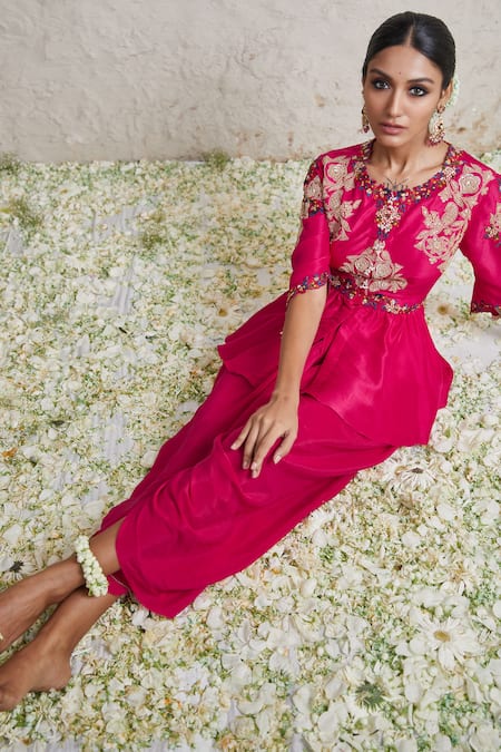 Shop Prisho Fuchsia Silk, Crepe Embroidery Round Neck Peplum Top And Dhoti Skirt Set at Aza Fashions Shop_Prisho_Fuchsia Silk, Crepe Embroidery Round Neck Peplum Top And Dhoti Skirt Set _at_Aza_Fashions