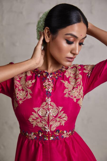 Prisho Fuchsia Silk, Crepe Embroidery Round Neck Peplum Top And Dhoti Skirt Set Online at Aza Fashions Prisho_Fuchsia Silk, Crepe Embroidery Round Neck Peplum Top And Dhoti Skirt Set _Online_at_Aza_Fashions
