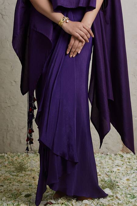 Prisho_Purple Silk, Crepe Embroidery Boat Neck Dori Work Kaftan And Dhoti Skirt Set _Online_at_Aza_Fashions