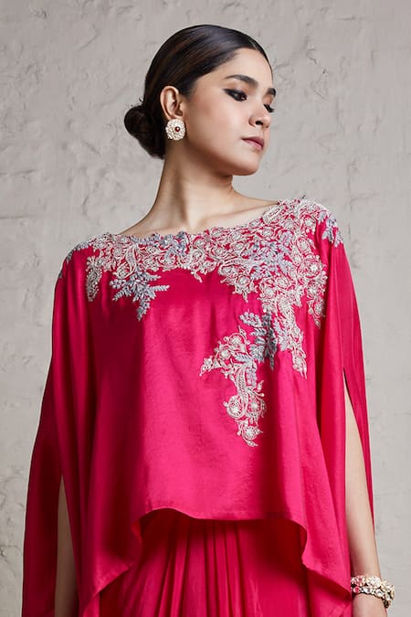 Shop Prisho Fuchsia Silk, Crepe Zari, Embroidery Floral Neckline Kaftan And Dhoti Skirt Set at Aza Fashions Shop_Prisho_Fuchsia Silk, Crepe Zari, Embroidery Floral Neckline Kaftan And Dhoti Skirt Set _at_Aza_Fashions