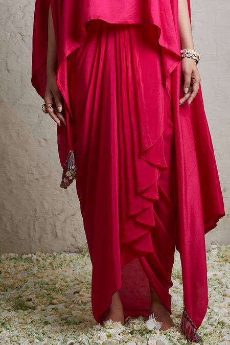 Prisho Fuchsia Silk, Crepe Zari, Embroidery Floral Neckline Kaftan And Dhoti Skirt Set Online at Aza Fashions Prisho_Fuchsia Silk, Crepe Zari, Embroidery Floral Neckline Kaftan And Dhoti Skirt Set _Online_at_Aza_Fashions