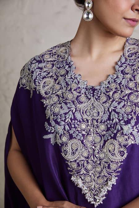 Shop Prisho Purple Crepe, Silk Embroidery Boat Flower Neckline Kaftan And Dhoti Skirt Set at Aza Fashions Shop_Prisho_Purple Crepe, Silk Embroidery Boat Flower Neckline Kaftan And Dhoti Skirt Set _at_Aza_Fashions