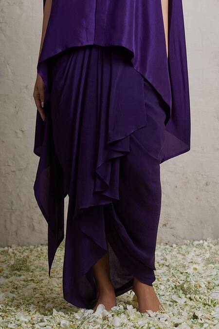 Prisho Purple Crepe, Silk Embroidery Boat Flower Neckline Kaftan And Dhoti Skirt Set Online at Aza Fashions Prisho_Purple Crepe, Silk Embroidery Boat Flower Neckline Kaftan And Dhoti Skirt Set _Online_at_Aza_Fashions