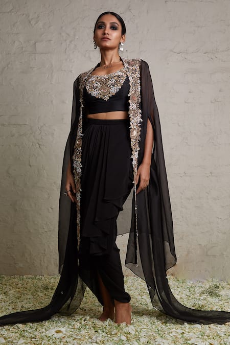 Prisho Pearl Border Embroidered Cape Skirt Set 