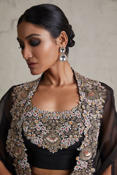 Shop Prisho Black Silk, Crepe Embroidery, Pearls Round Neck Border Cape Skirt Set at Aza Fashions Shop_Prisho_Black Silk, Crepe Embroidery, Pearls Round Neck Border Cape Skirt Set _at_Aza_Fashions