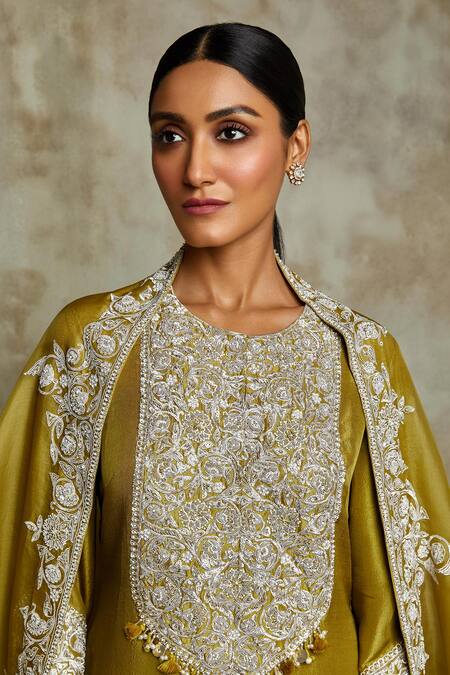 Shop_Prisho_Green Silk, Organza Pearls, Sequins, Thread Floral Jaal Kurta Pant Set _at_Aza_Fashions