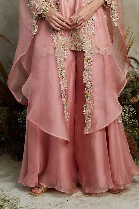 Prisho_Pink Silk, Organza Diamonds, Embroidery, Sequins Round Dori Cape Sharara Set _Online_at_Aza_Fashions