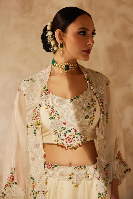 Shop Prisho Ivory Silk, Organza Pearls, Zardozi Floral Vine Embroidered Cape Lehenga Set at Aza Fashions Shop_Prisho_Ivory Silk, Organza Pearls, Zardozi Floral Vine Embroidered Cape Lehenga Set _at_Aza_Fashions