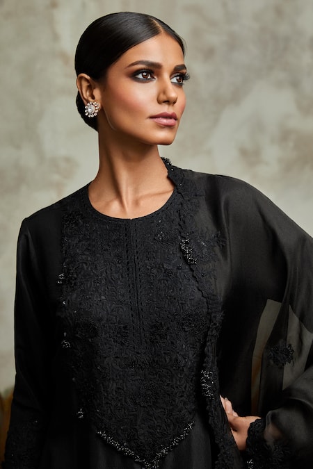 Shop Prisho Black Silk, Organza Sequins, Embroidery, Beads Tonal Thread Kurta Pant Set at Aza Fashions Shop_Prisho_Black Silk, Organza Sequins, Embroidery, Beads Tonal Thread Kurta Pant Set _at_Aza_Fashions