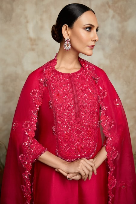 Shop Prisho Red Silk, Organza Sequins, Beads, Embroidery Tonal Floral Jaali Kurta Pant Set at Aza Fashions Shop_Prisho_Red Silk, Organza Sequins, Beads, Embroidery Tonal Floral Jaali Kurta Pant Set _at_Aza_Fashions