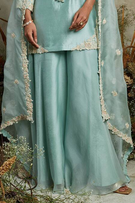 Prisho_Blue Silk, Organza Pearls, Sequins, Embroidery Blossom Thread Kurta Sharara Set _Online_at_Aza_Fashions