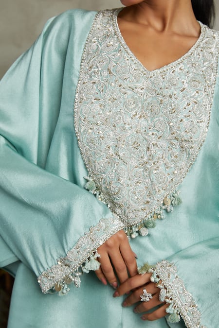 Shop Prisho Blue Silk Pearls, Sequins, Zardozi Blossom Embroidered Kaftan With Cowl Pant at Aza Fashions Shop_Prisho_Blue Silk Pearls, Sequins, Zardozi Blossom Embroidered Kaftan With Cowl Pant _at_Aza_Fashions