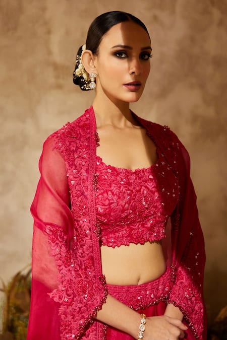 Shop Prisho Fuchsia Silk, Organza Sequins, Beads, Floral Vine Embroidered Cape Lehenga Set at Aza Fashions Shop_Prisho_Fuchsia Silk, Organza Sequins, Beads, Floral Vine Embroidered Cape Lehenga Set _at_Aza_Fashions