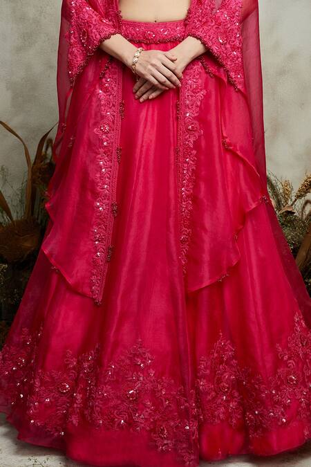 Prisho Fuchsia Silk, Organza Sequins, Beads, Floral Vine Embroidered Cape Lehenga Set Online at Aza Fashions Prisho_Fuchsia Silk, Organza Sequins, Beads, Floral Vine Embroidered Cape Lehenga Set _Online_at_Aza_Fashions