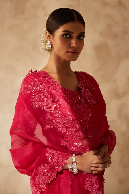 Prisho_Fuchsia Silk, Organza Sequins, Beads Floral Vine Embroidered Saree With Blouse _Online_at_Aza_Fashions