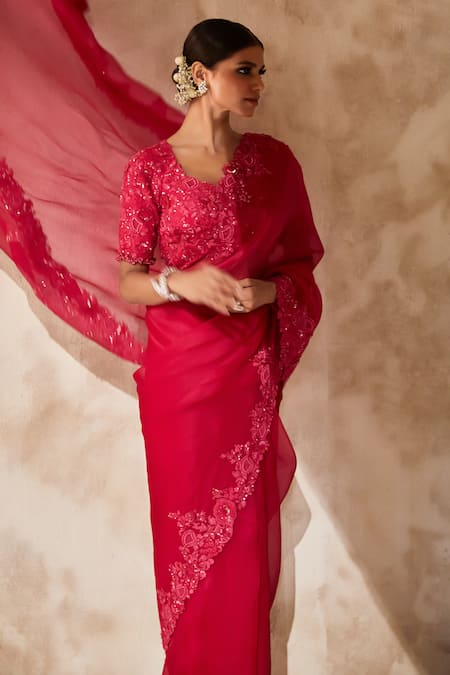 Buy_Prisho_Fuchsia Silk, Organza Sequins, Beads Floral Vine Embroidered Saree With Blouse _Online_at_Aza_Fashions