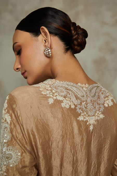 Shop Prisho Beige Silk, Organza Sequins, Embroidery, Beads Round Paisley Kurta Pant Set at Aza Fashions Shop_Prisho_Beige Silk, Organza Sequins, Embroidery, Beads Round Paisley Kurta Pant Set _at_Aza_Fashions