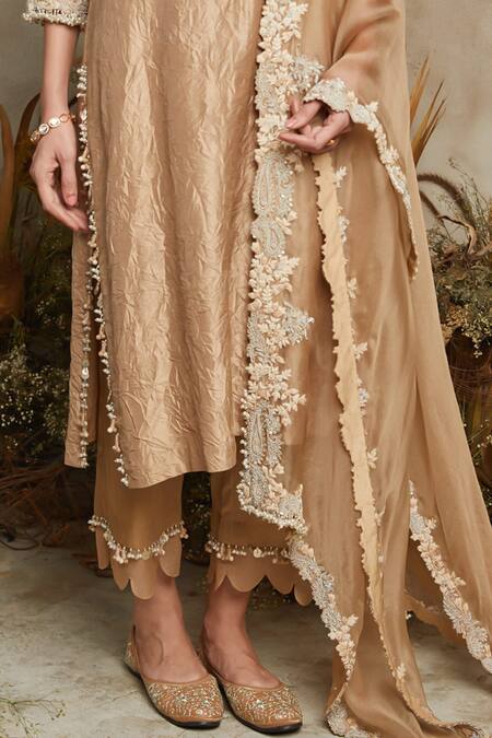 Prisho Beige Silk, Organza Sequins, Embroidery, Beads Round Paisley Kurta Pant Set Online at Aza Fashions Prisho_Beige Silk, Organza Sequins, Embroidery, Beads Round Paisley Kurta Pant Set _Online_at_Aza_Fashions