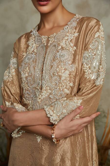 Buy Prisho Beige Silk, Organza Sequins, Embroidery, Beads Round Paisley Kurta Pant Set Online at Aza Fashions Buy_Prisho_Beige Silk, Organza Sequins, Embroidery, Beads Round Paisley Kurta Pant Set _Online_at_Aza_Fashions
