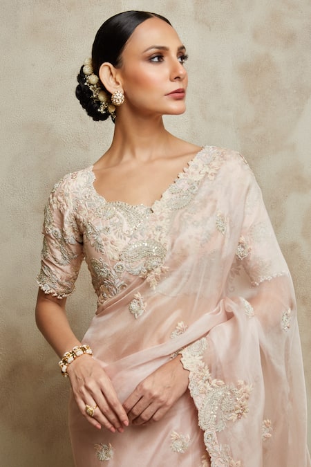 Shop Prisho Beige Silk, Organza Embroidery Round Neck Paisley Dori Saree With Blouse at Aza Fashions Shop_Prisho_Beige Silk, Organza Embroidery Round Neck Paisley Dori Saree With Blouse _at_Aza_Fashions