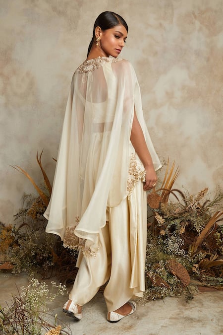 Shop_Prisho_Ivory Silk, Organza Pearls, Zari Round Neck Embroidered Cape Draped Pant Set _at_Aza_Fashions