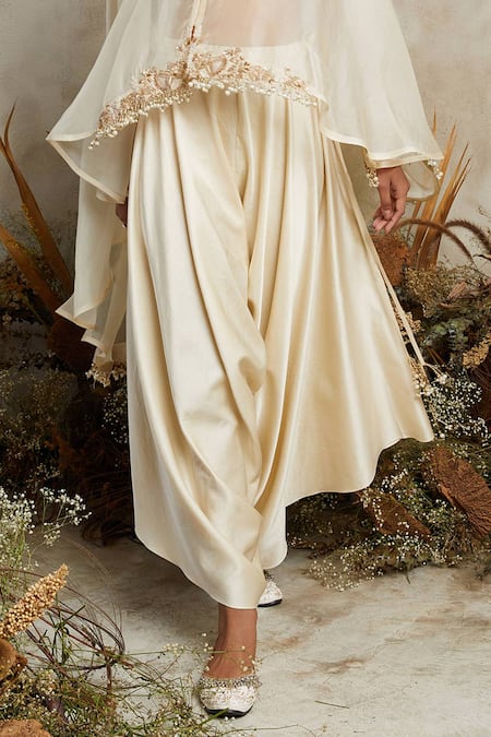 Prisho_Ivory Silk, Organza Pearls, Zari Round Neck Embroidered Cape Draped Pant Set _Online_at_Aza_Fashions