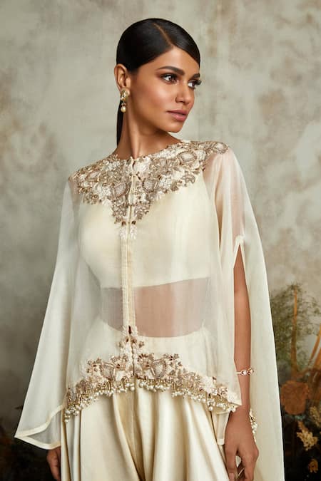 Buy_Prisho_Ivory Silk, Organza Pearls, Zari Round Neck Embroidered Cape Draped Pant Set _Online_at_Aza_Fashions
