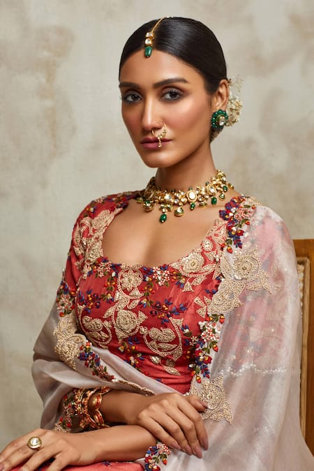 Shop_Prisho_Orange Silk, Organza Beads, Pearls, Sequins, Bridal Abstract Floral Lehenga Set _at_Aza_Fashions