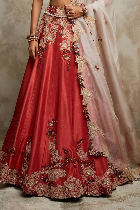 Prisho_Orange Silk, Organza Beads, Pearls, Sequins, Bridal Abstract Floral Lehenga Set _Online_at_Aza_Fashions