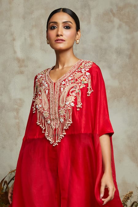 Shop Prisho Red Silk, Organza Embroidery V-neck Paisley Kaftan With Pant at Aza Fashions Shop_Prisho_Red Silk, Organza Embroidery V-neck Paisley Kaftan With Pant _at_Aza_Fashions
