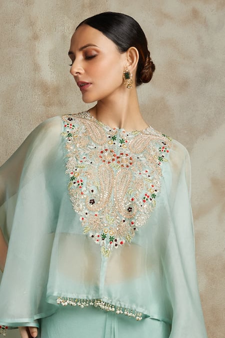 Prisho Blue Silk, Organza Embroidery Round Neck Paisley Cape Draped Pant Set Online at Aza Fashions Prisho_Blue Silk, Organza Embroidery Round Neck Paisley Cape Draped Pant Set _Online_at_Aza_Fashions