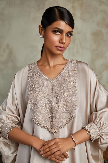 Shop Prisho Grey Cotton, Hemp Sequins V-neck Floral Embroidered Bodice Kaftan With Pant at Aza Fashions Shop_Prisho_Grey Cotton, Hemp Sequins V-neck Floral Embroidered Bodice Kaftan With Pant _at_Aza_Fashions