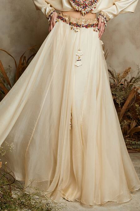 Prisho Ivory Silk, Organza Beads, Embroidery V-neck Blouse With Skirt Online at Aza Fashions Prisho_Ivory Silk, Organza Beads, Embroidery V-neck Blouse With Skirt _Online_at_Aza_Fashions