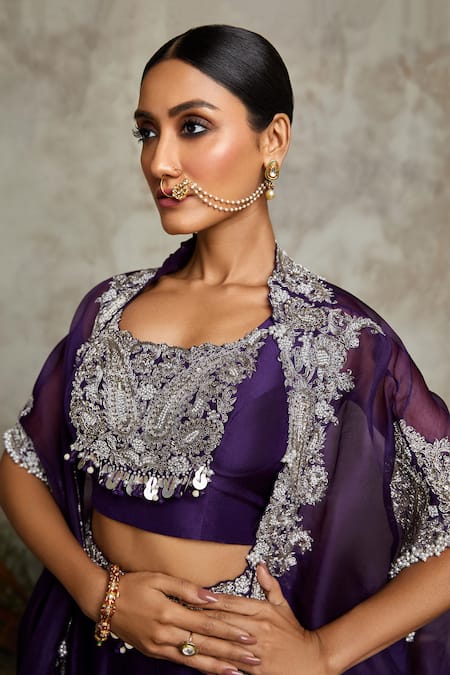 Shop Prisho Purple Silk Sequins, Pearls, Zari Round Neck Zardozi Embroidered Cape Skirt Set at Aza Fashions Shop_Prisho_Purple Silk Sequins, Pearls, Zari Round Neck Zardozi Embroidered Cape Skirt Set _at_Aza_Fashions
