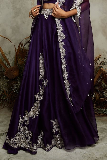 Prisho Purple Silk Sequins, Pearls, Zari Round Neck Zardozi Embroidered Cape Skirt Set Online at Aza Fashions Prisho_Purple Silk Sequins, Pearls, Zari Round Neck Zardozi Embroidered Cape Skirt Set _Online_at_Aza_Fashions