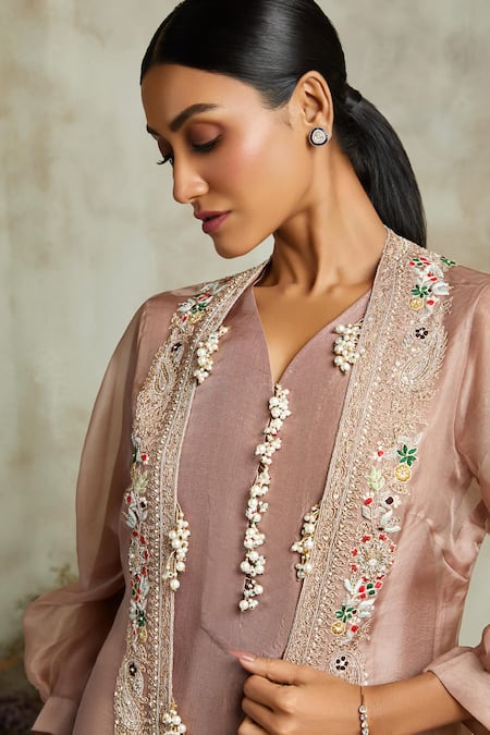 Shop Prisho Pink Silk, Organza Embroidery Open Neck, Floral Jacket Pant Set at Aza Fashions Shop_Prisho_Pink Silk, Organza Embroidery Open Neck, Floral Jacket Pant Set _at_Aza_Fashions