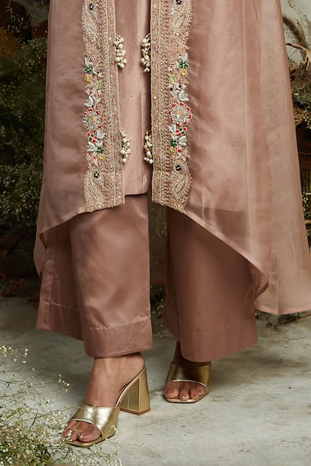 Prisho Pink Silk, Organza Embroidery Open Neck, Floral Jacket Pant Set Online at Aza Fashions Prisho_Pink Silk, Organza Embroidery Open Neck, Floral Jacket Pant Set _Online_at_Aza_Fashions