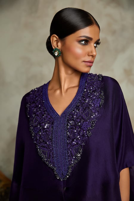 Shop Prisho Purple Silk, Organza Sequins V-neck Tonal Embroidered Kaftan Draped Pant Set at Aza Fashions Shop_Prisho_Purple Silk, Organza Sequins V-neck Tonal Embroidered Kaftan Draped Pant Set _at_Aza_Fashions