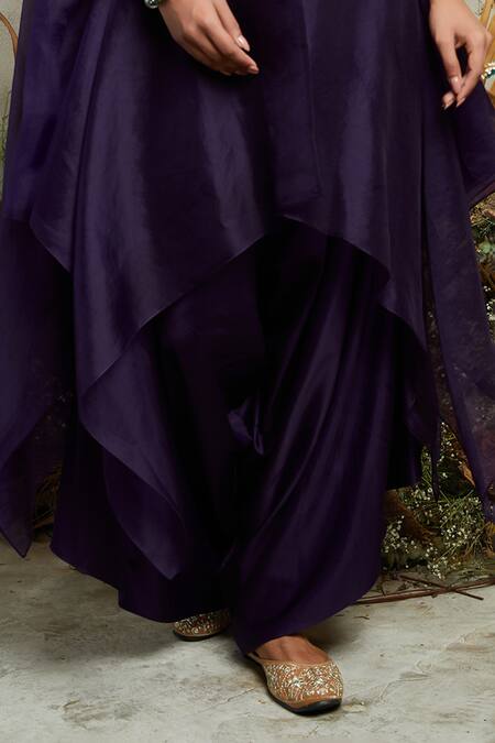 Prisho Purple Silk, Organza Sequins V-neck Tonal Embroidered Kaftan Draped Pant Set Online at Aza Fashions Prisho_Purple Silk, Organza Sequins V-neck Tonal Embroidered Kaftan Draped Pant Set _Online_at_Aza_Fashions