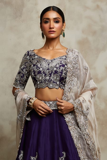 Shop Prisho Purple Silk, Organza Embroidery, Sequins, Bridal Zardozi Lehenga Blouse Set at Aza Fashions Shop_Prisho_Purple Silk, Organza Embroidery, Sequins, Bridal Zardozi Lehenga Blouse Set _at_Aza_Fashions