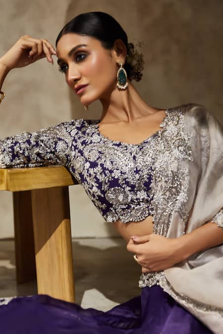Buy Prisho Purple Silk, Organza Embroidery, Sequins, Bridal Zardozi Lehenga Blouse Set Online at Aza Fashions Buy_Prisho_Purple Silk, Organza Embroidery, Sequins, Bridal Zardozi Lehenga Blouse Set _Online_at_Aza_Fashions