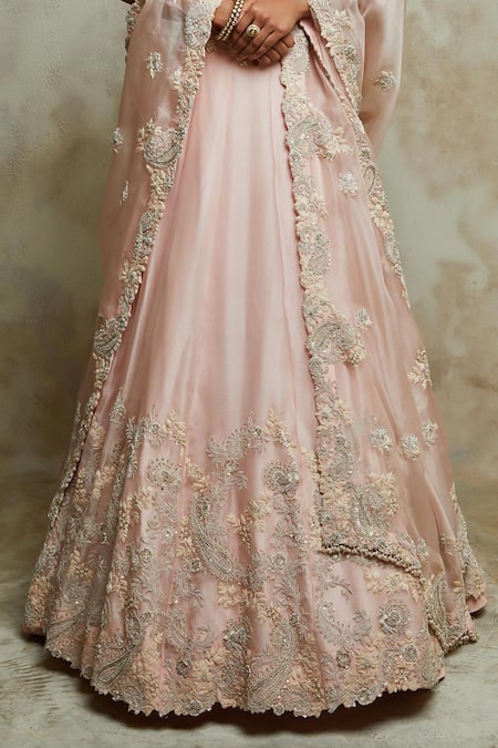 Prisho_Pink Silk, Organza Embroidery Round Neck Bridal Peacock And Floral Lehenga Set _Online_at_Aza_Fashions