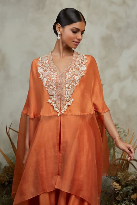 Shop Prisho Orange Silk, Organza Pearls, Embroidery Floral Yoke Kaftan Draped Pant Set at Aza Fashions Shop_Prisho_Orange Silk, Organza Pearls, Embroidery Floral Yoke Kaftan Draped Pant Set _at_Aza_Fashions