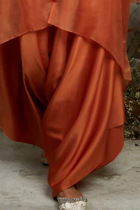 Prisho Orange Silk, Organza Pearls, Embroidery Floral Yoke Kaftan Draped Pant Set Online at Aza Fashions Prisho_Orange Silk, Organza Pearls, Embroidery Floral Yoke Kaftan Draped Pant Set _Online_at_Aza_Fashions