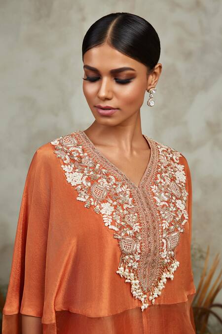 Buy Prisho Orange Silk, Organza Pearls, Embroidery Floral Yoke Kaftan Draped Pant Set Online at Aza Fashions Buy_Prisho_Orange Silk, Organza Pearls, Embroidery Floral Yoke Kaftan Draped Pant Set _Online_at_Aza_Fashions